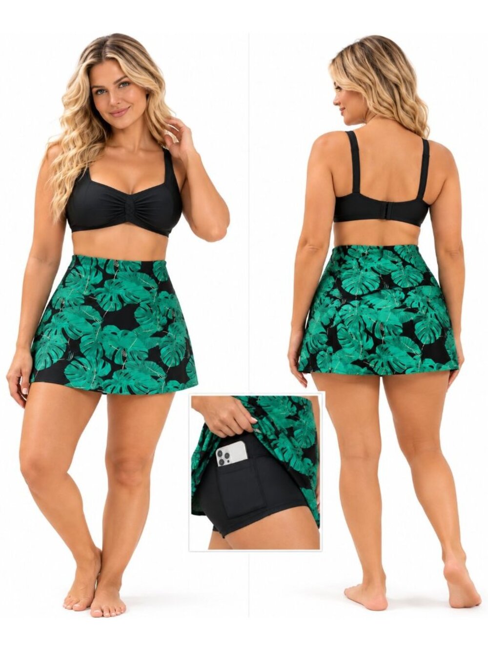 XL Black Green Leaf High Waisted Swim Skirt with Attached Shorts NWT (Skirt Only